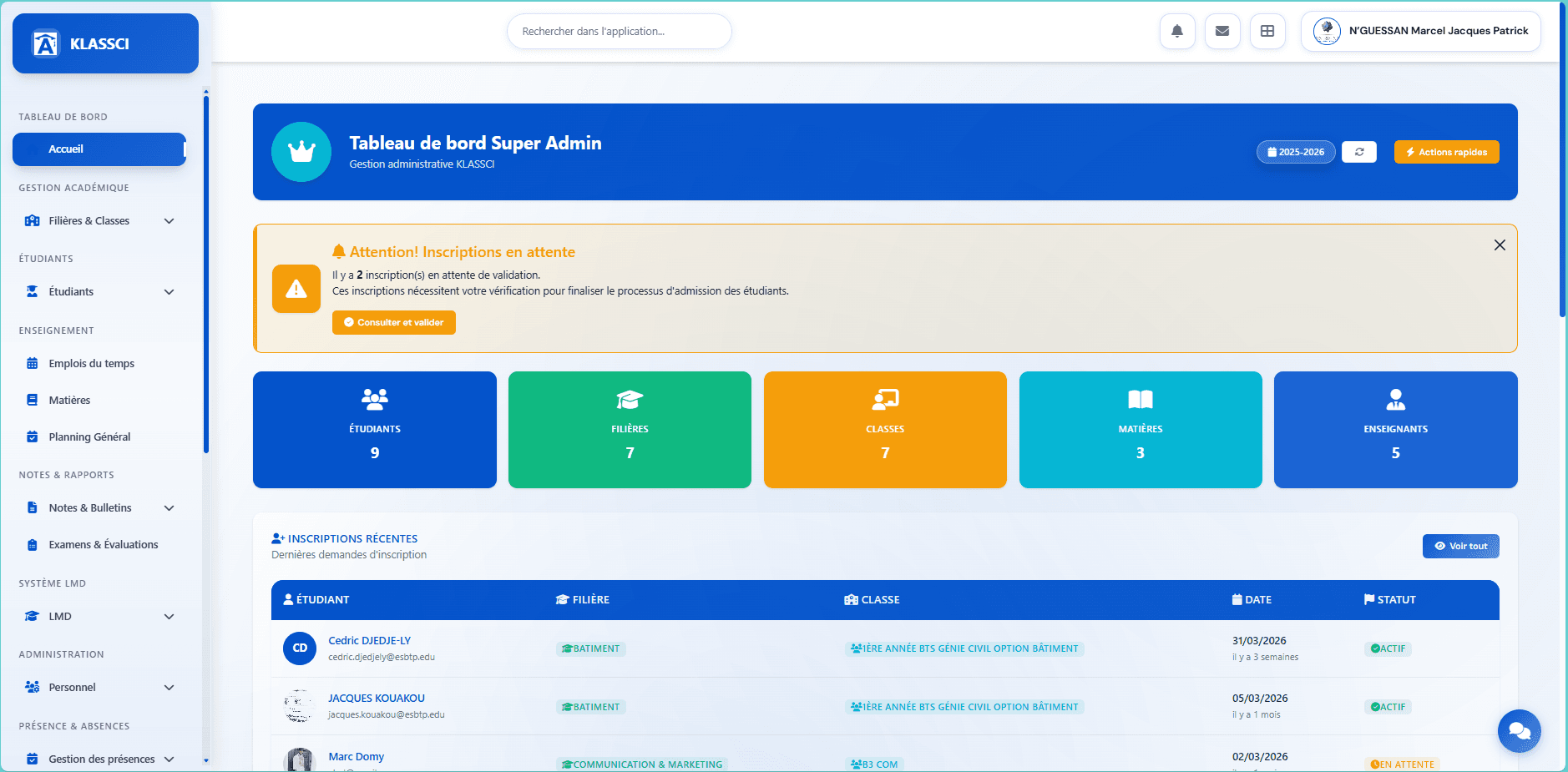 Tableau de bord super-administrateur KLASSCI avec le badge année universitaire en haut à droite