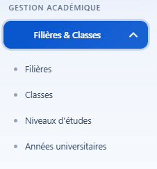 Sidebar avec le dropdown Filières & Classes ouvert montrant l'entrée Années universitaires