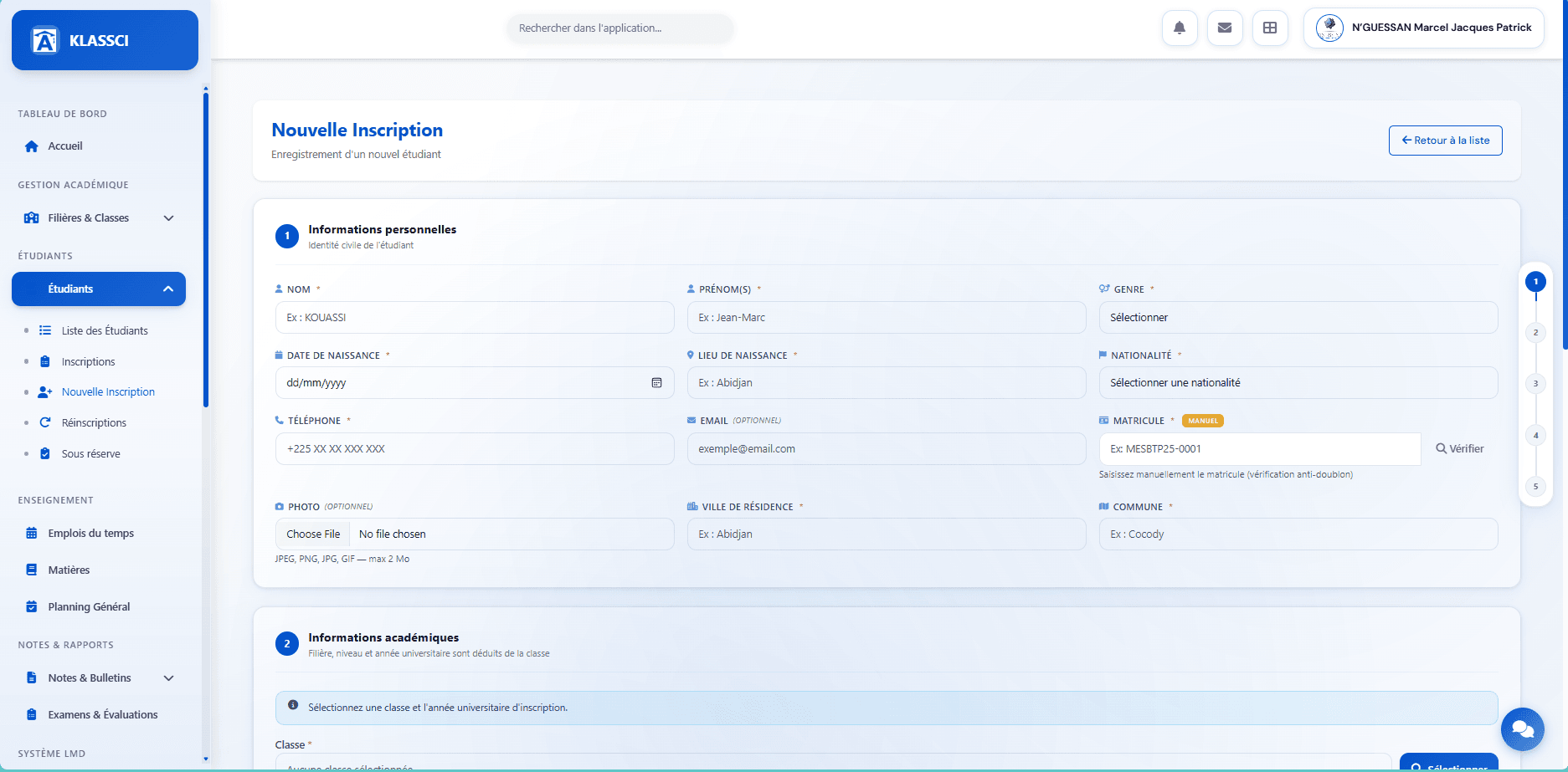 Form — personal information with manual matricule field
