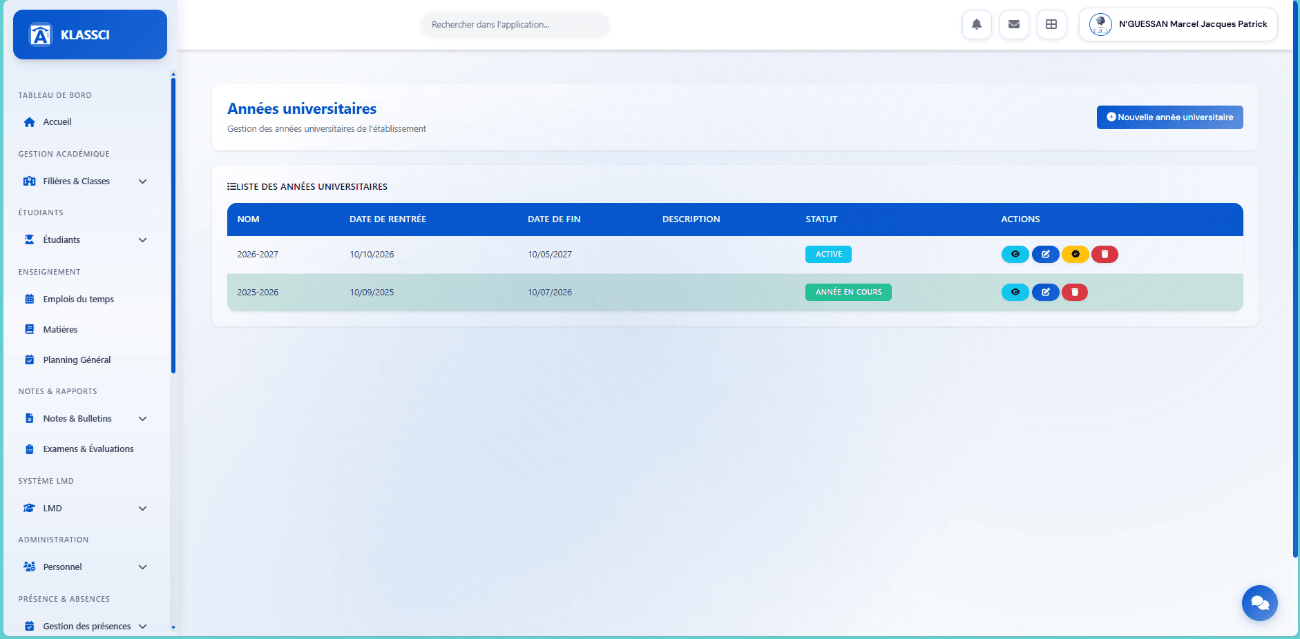 Page liste des années universitaires avec le bouton Nouvelle année universitaire en haut à droite