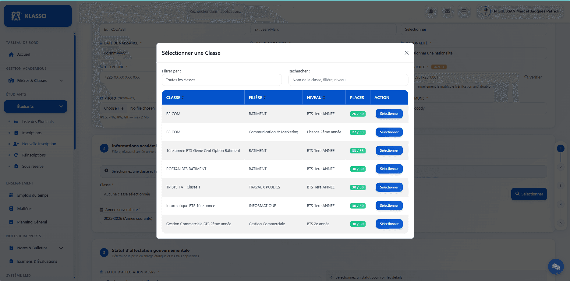 Class selection modal with filters and seat counts