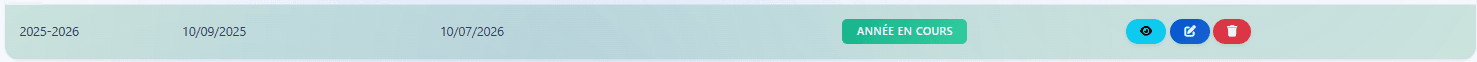 Année universitaire 2025-2026 marquée comme année en cours avec le badge vert ANNÉE EN COURS