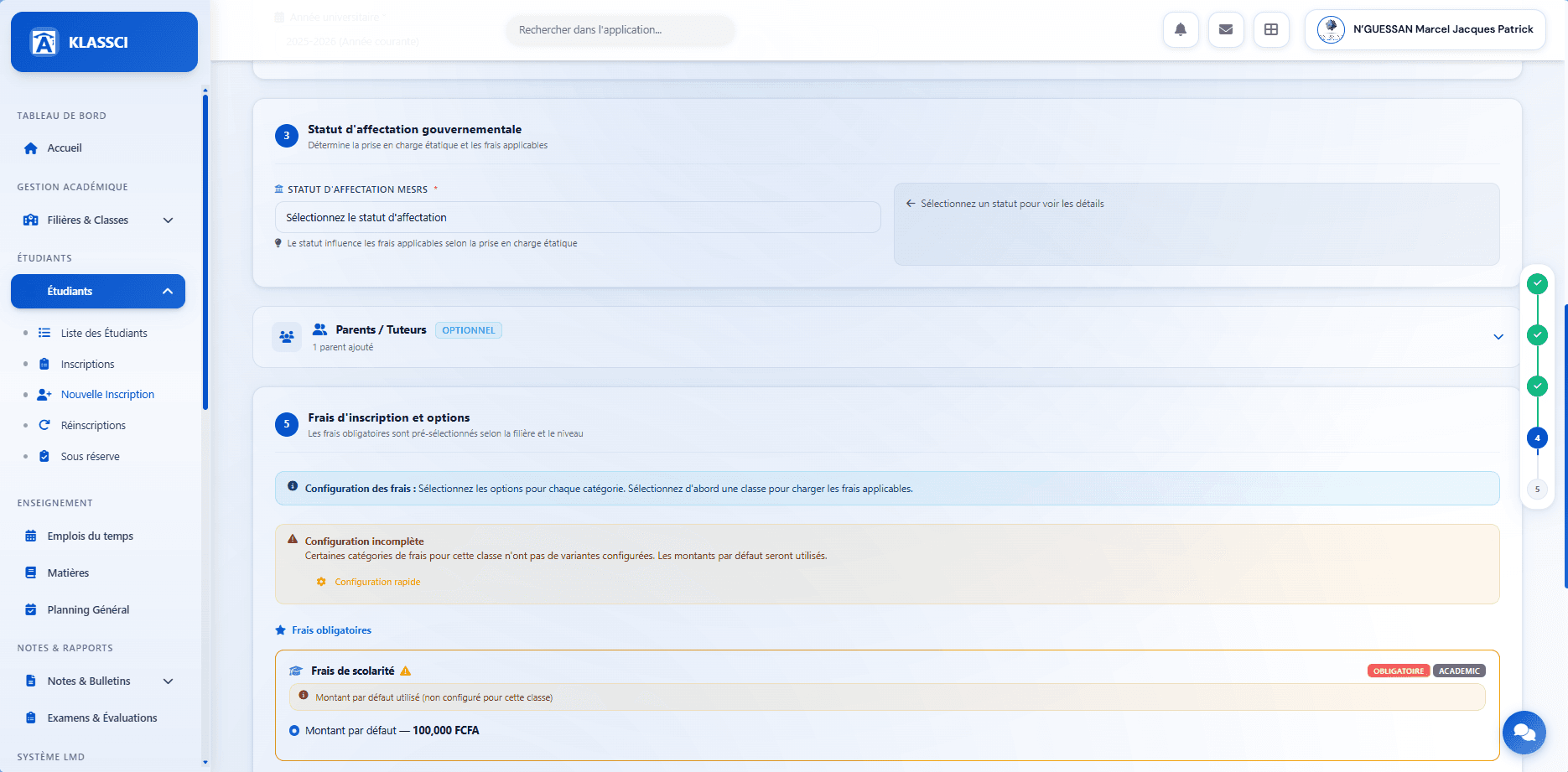 Government enrollment status section with Affecté / Réaffecté / Non affecté combo