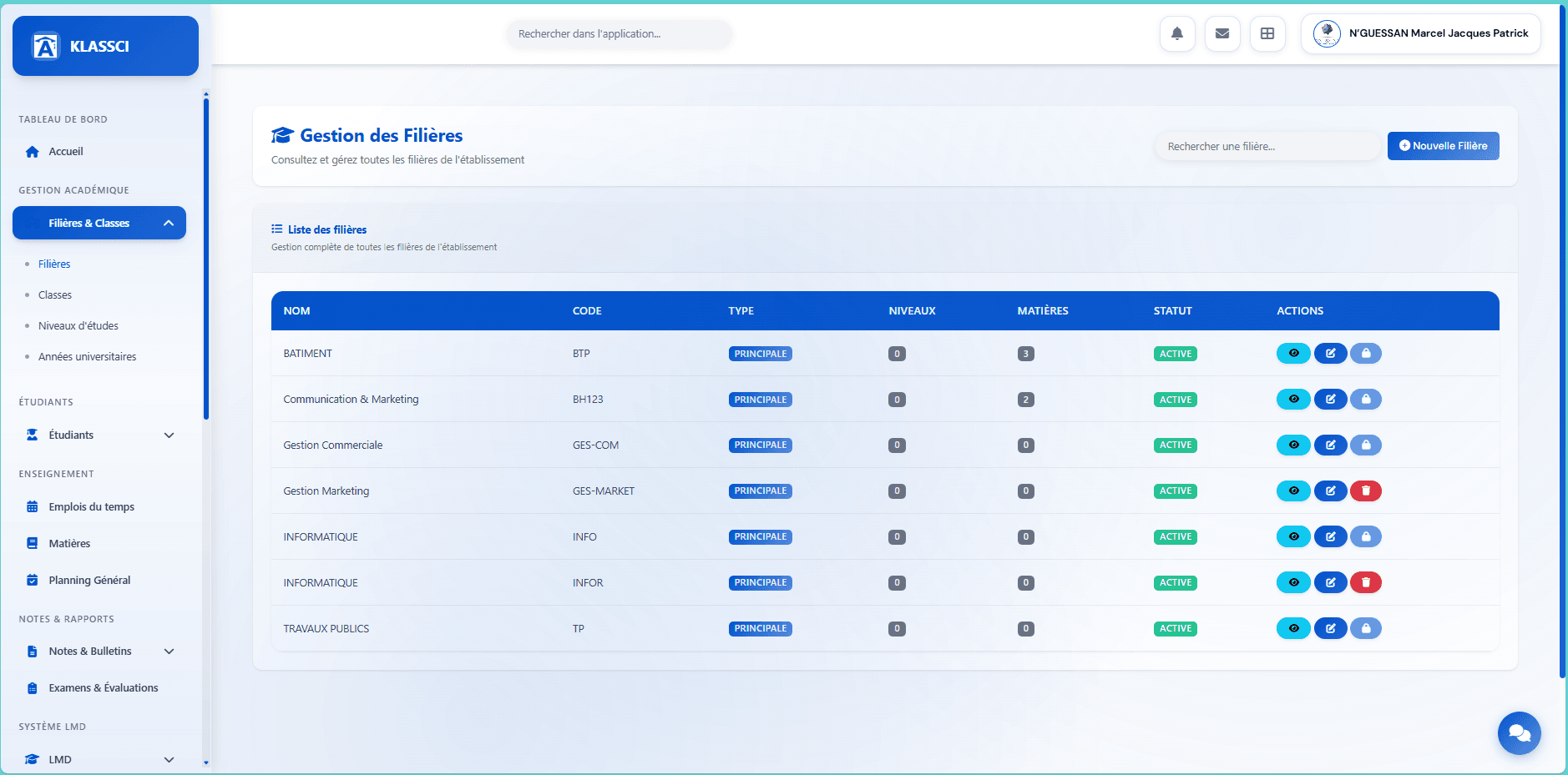 Page Gestion des Filières avec la liste des filières existantes et le bouton Nouvelle Filière