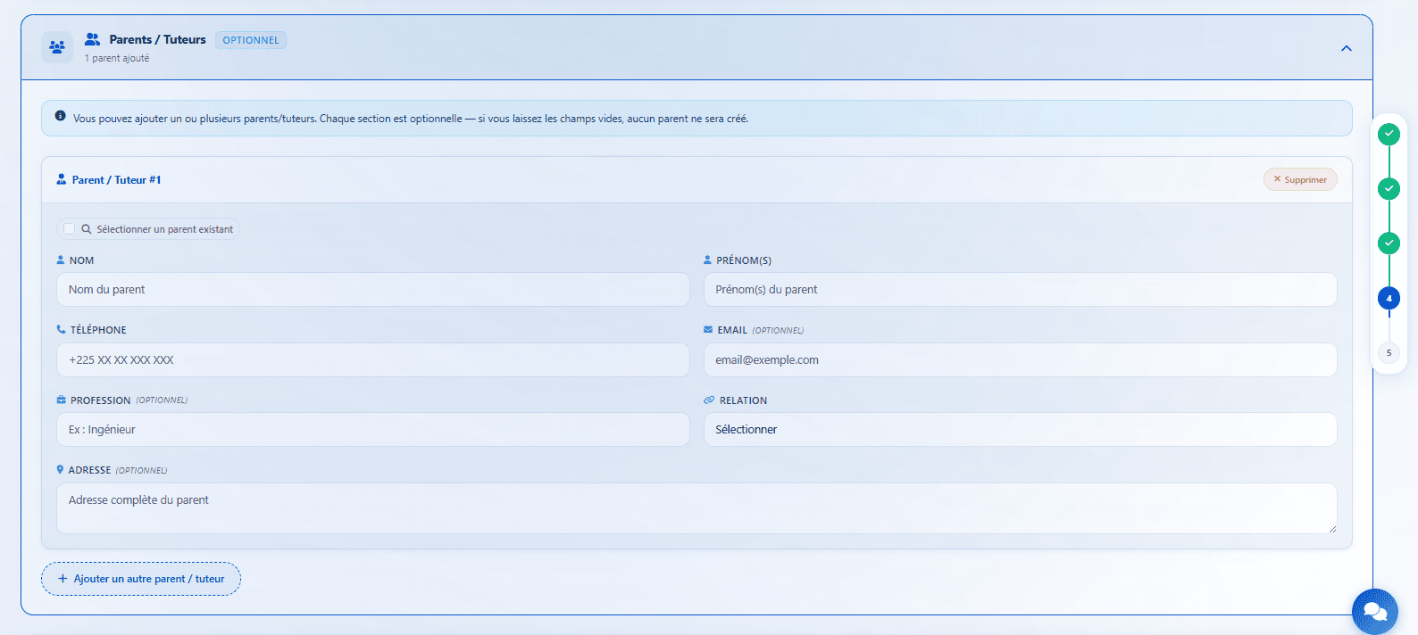 Parents/Guardians section expanded with one parent and Add button