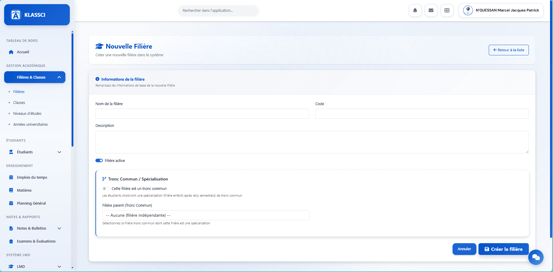 Formulaire Nouvelle Filière avec les champs nom, code, description, toggle filière active et section tronc commun