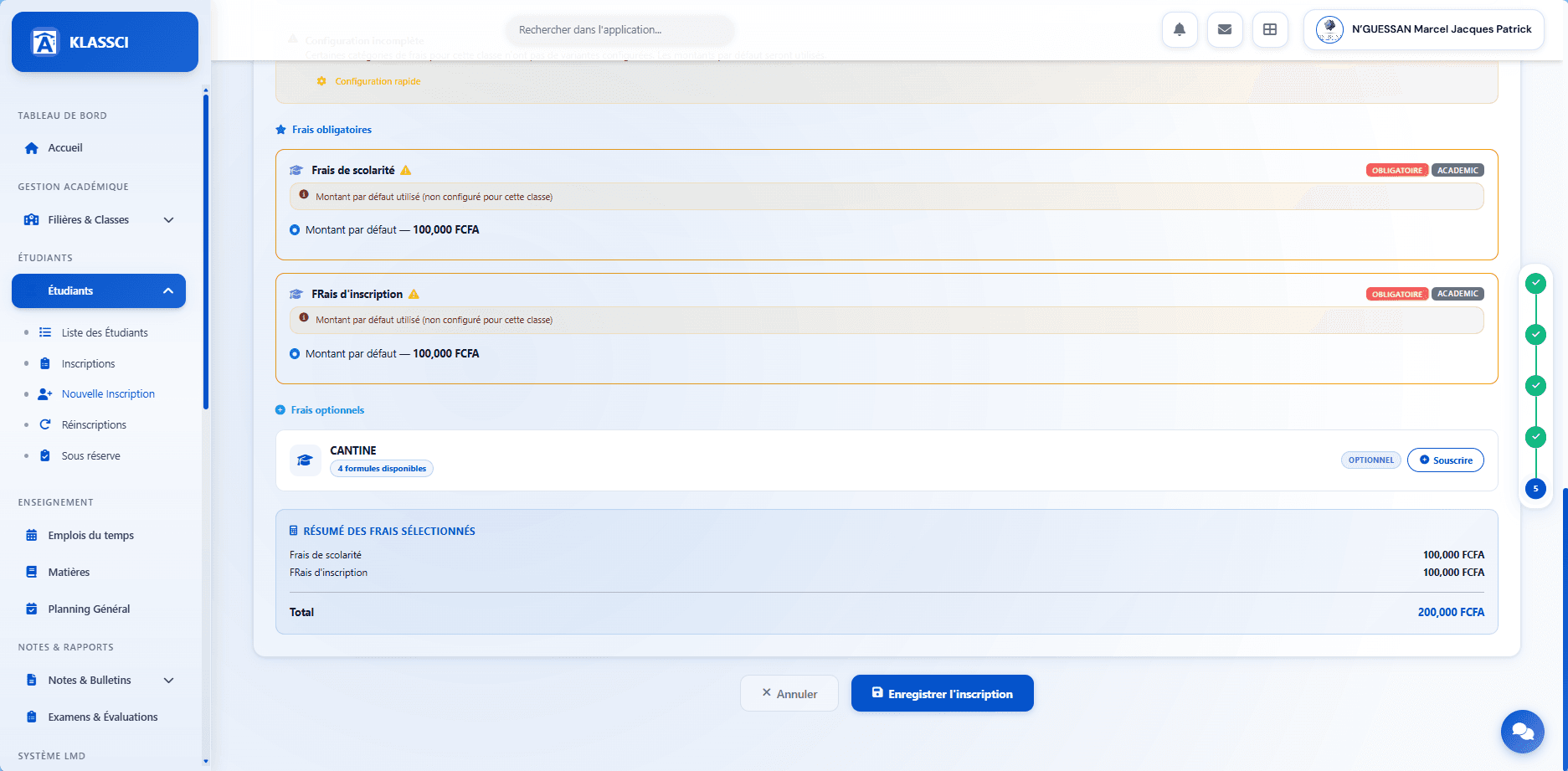 Mandatory fees pre-checked with default amounts