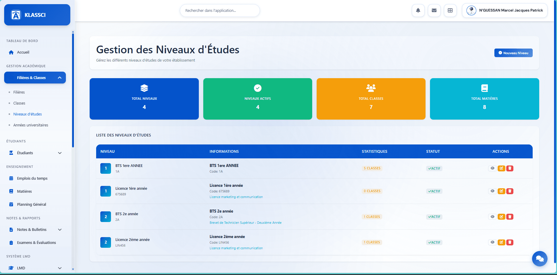 Page Gestion des Niveaux d'Études avec 4 KPIs et la liste BTS 1ere année, Licence 1ère année, BTS 2e année, Licence 2ème année