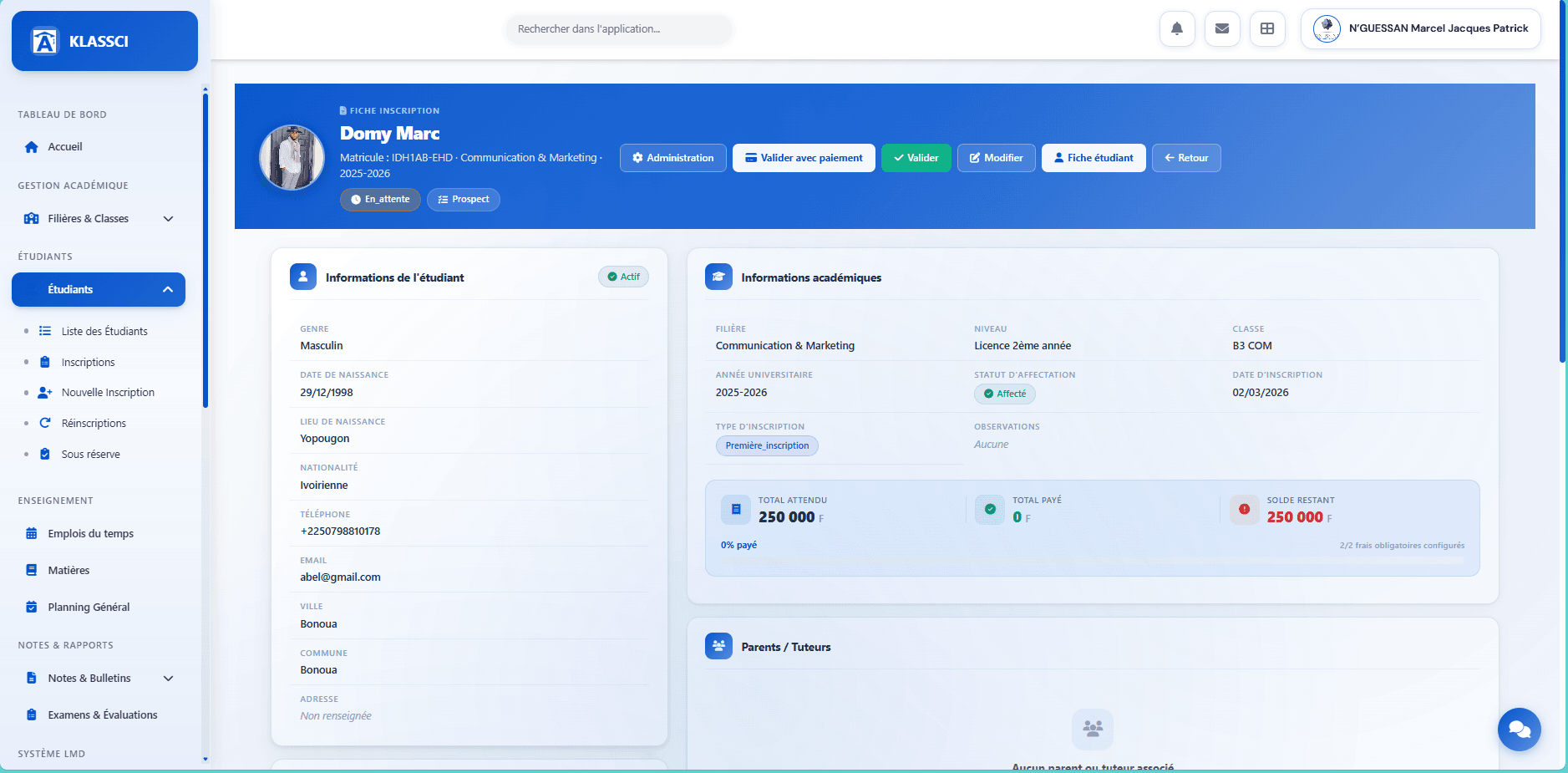 Enrollment record — blue header with name, matricule, Pending and Prospect badges
