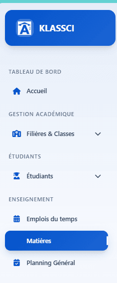 Sidebar avec la section Enseignement et l'entrée Matières surlignée en bleu