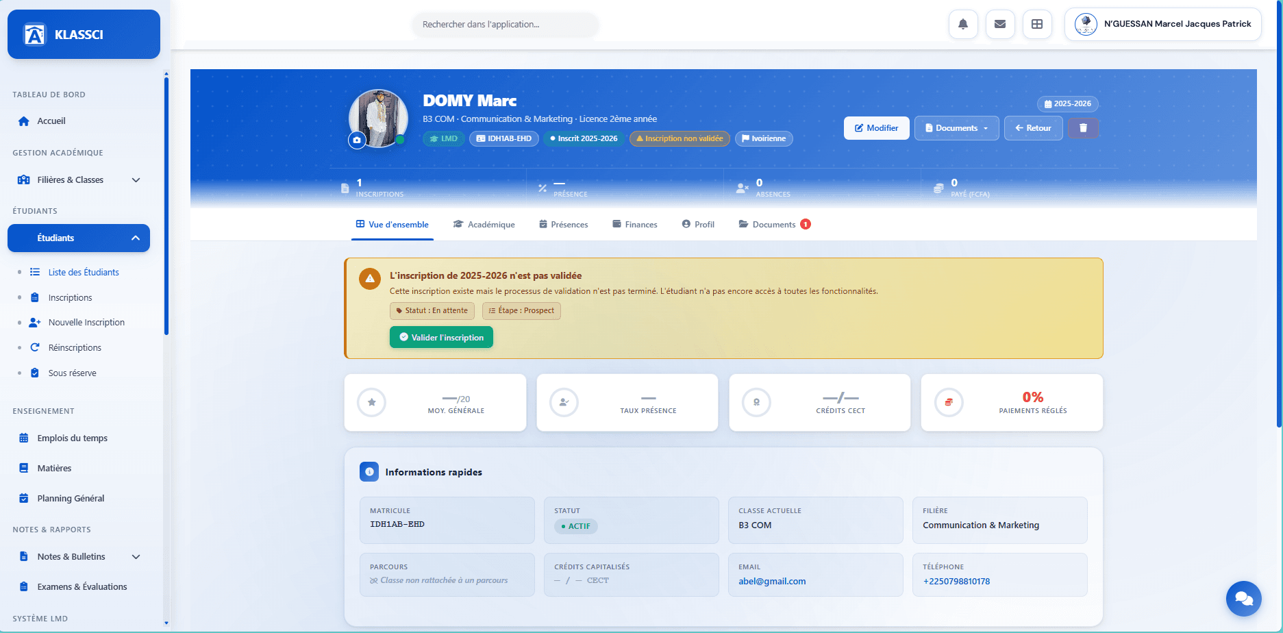 Student record — blue header with name, class, badges, and counters
