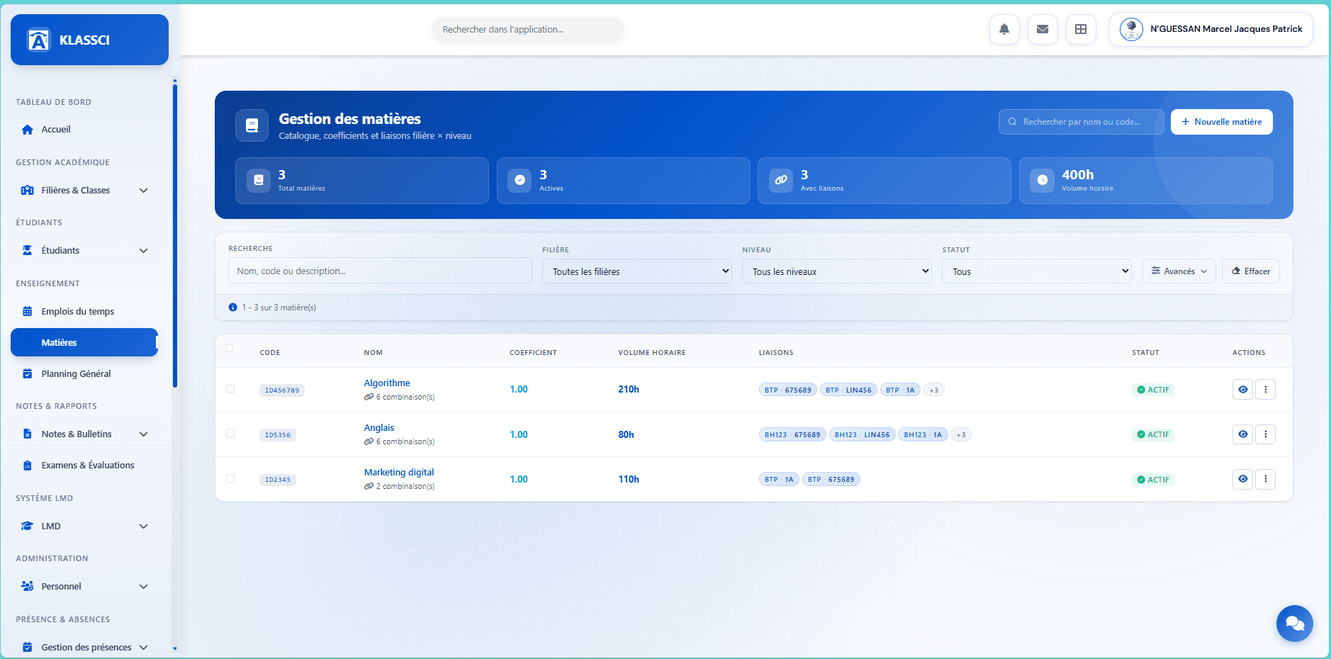 Page Gestion des matières avec stats, filtres et table de matières existantes