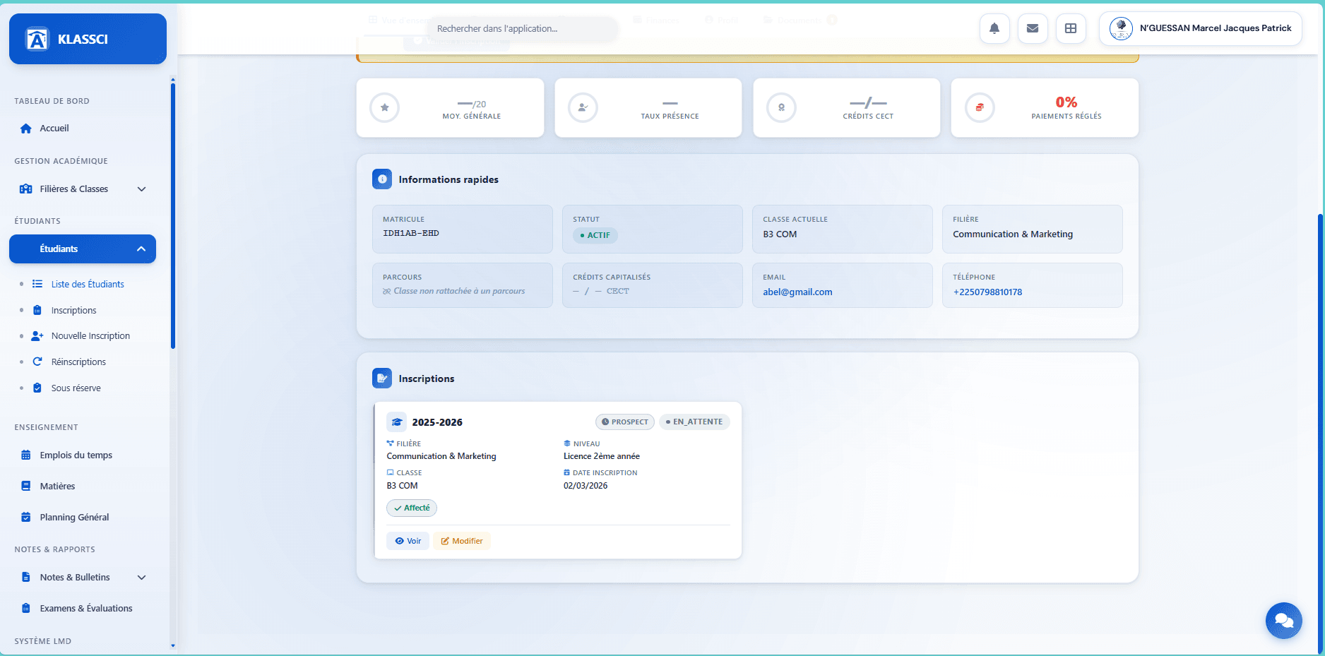 Overview tab — quick info + 2025-2026 enrollment card