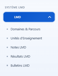 Sidebar avec la section SYSTÈME LMD ouverte montrant Domaines & Parcours, Unités d'Enseignement, Notes LMD, Résultats LMD et Bulletins LMD