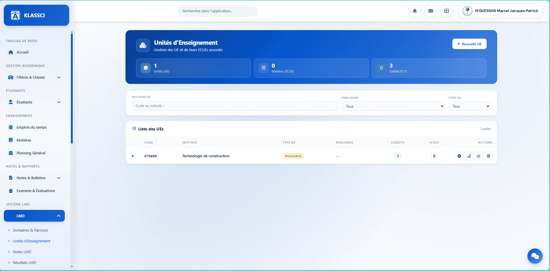 Page Unités d'Enseignement avec stats (1 UE, 0 ECUE, 3 crédits ECTS), filtres Parcours et Type UE, et la liste avec une UE Technologie de construction de type Découverte