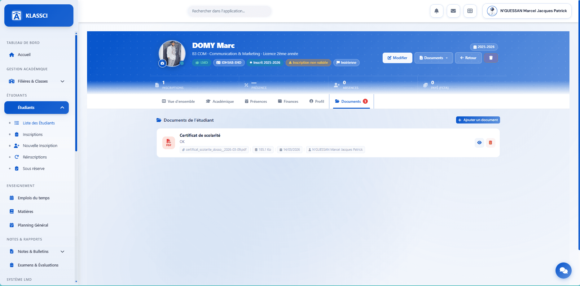 Documents tab with one proof of enrollment uploaded
