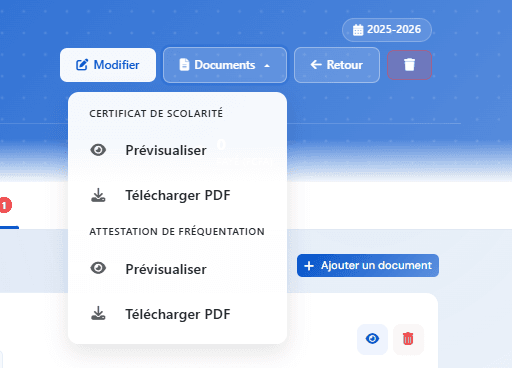 Documents dropdown — Proof of enrollment and Attendance certificate, each with Preview and Download PDF