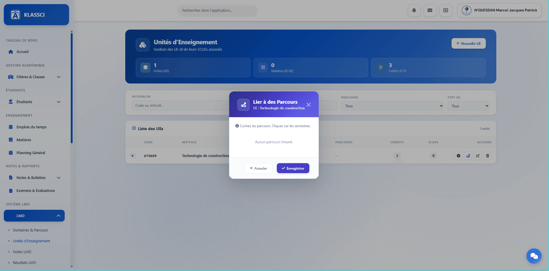 Modale Lier à des Parcours pour l'UE Technologie de construction, avec une liste vide et le message Aucun parcours trouvé