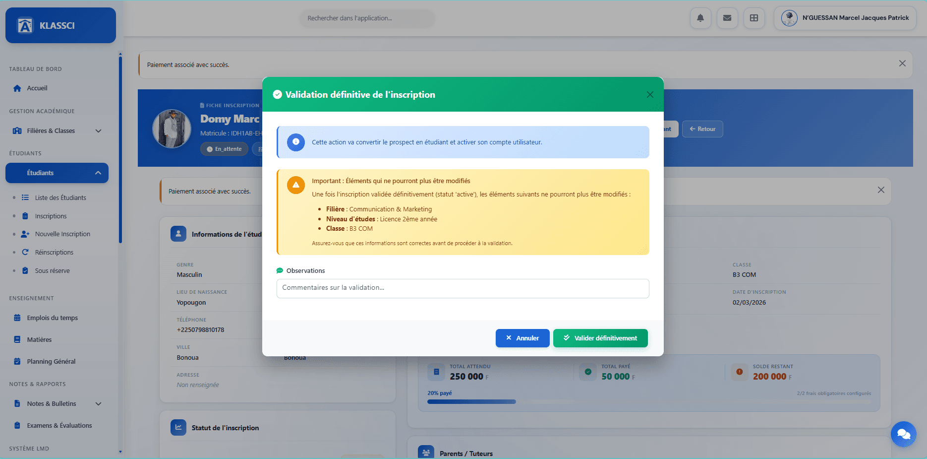 Final validation modal with the list of frozen fields