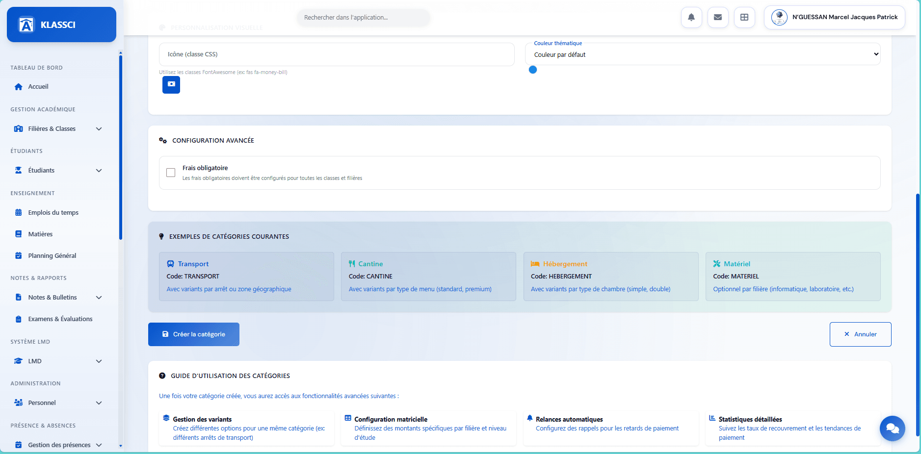 Bas du formulaire avec la section Configuration avancée contenant le toggle Frais obligatoire, et les exemples de catégories courantes (Transport, Cantine, Hébergement, Matériel)