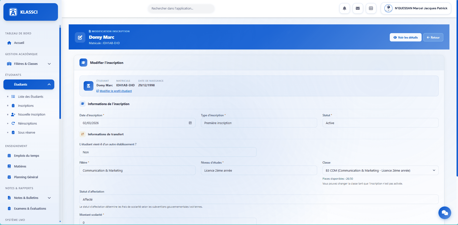 Edit enrollment — form with editable class field