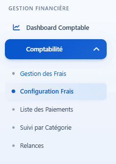 Sidebar avec l'entrée Configuration Frais surlignée sous le dropdown Comptabilité