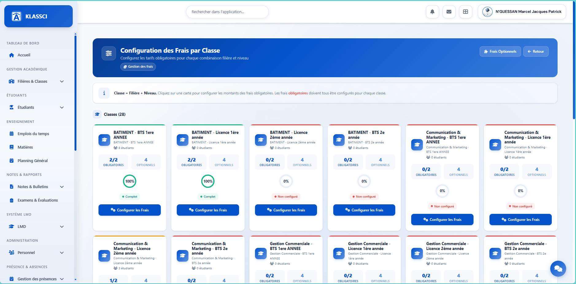 Page Configuration des Frais par Classe avec une grille de 28 cartes de classe affichant compteurs OBLIGATOIRES et OPTIONNELS, badges Complet ou Non configuré, et bouton Configurer les Frais