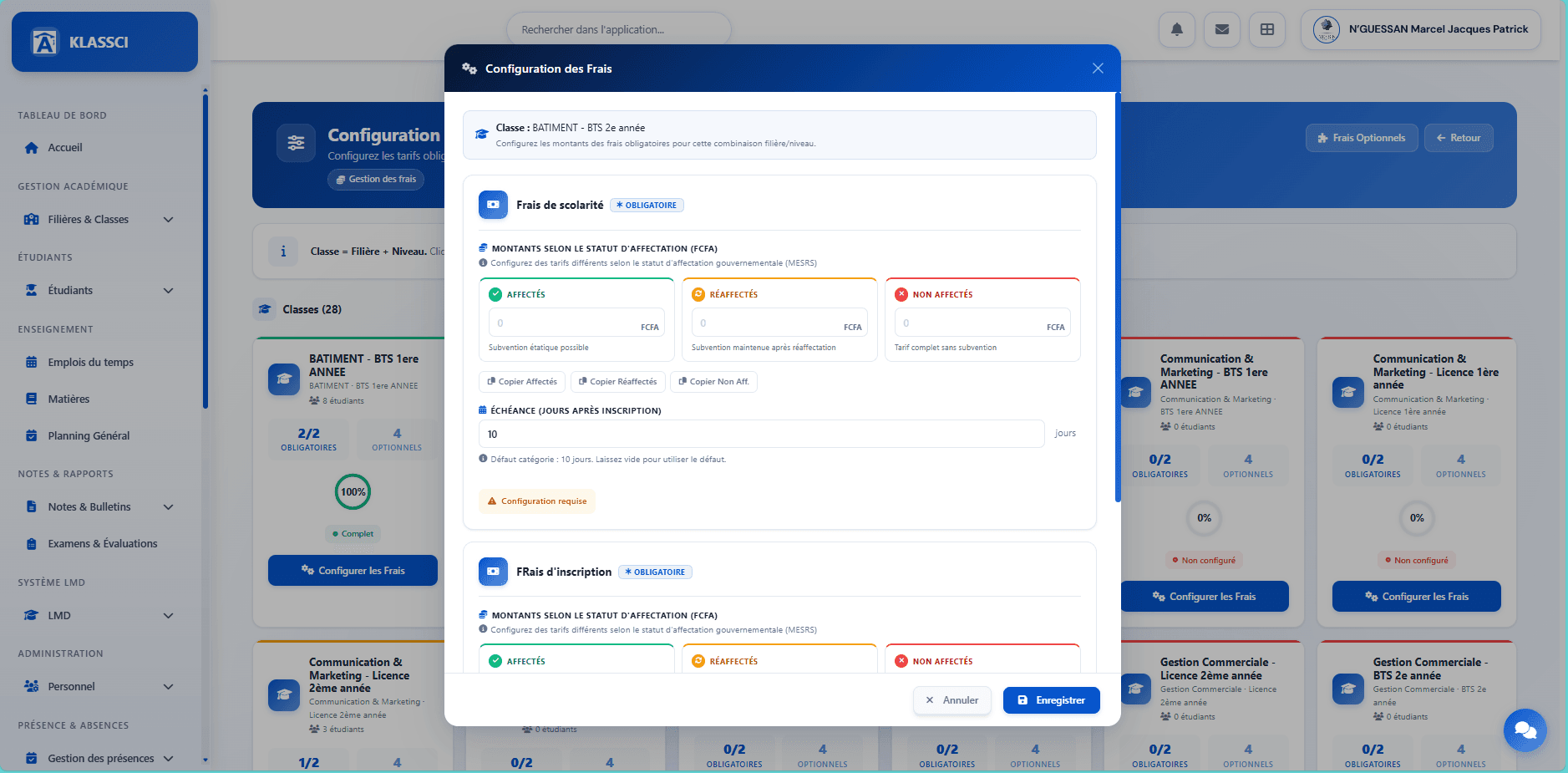 Modal Configuration des Frais pour BATIMENT BTS 2e année avec une section Frais de scolarité OBLIGATOIRE et trois colonnes Affectés Réaffectés Non affectés en FCFA, plus boutons de copie et champ Échéance