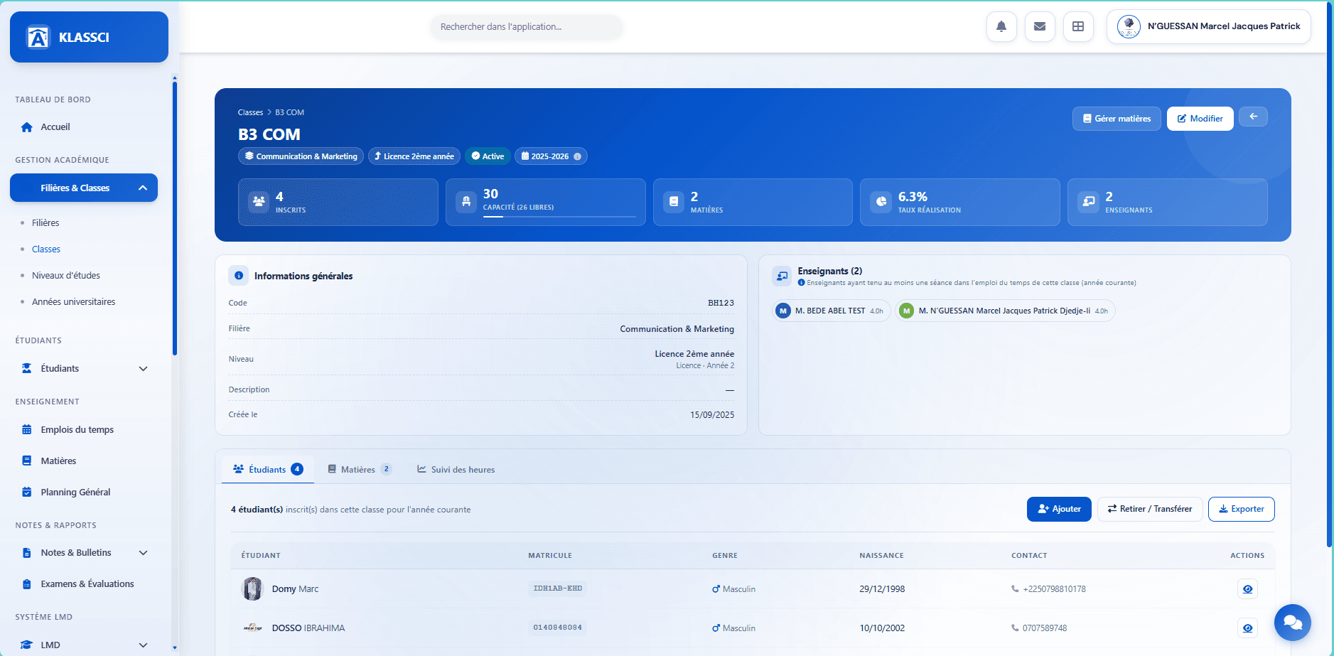 Class detail page — blue header and KPIs