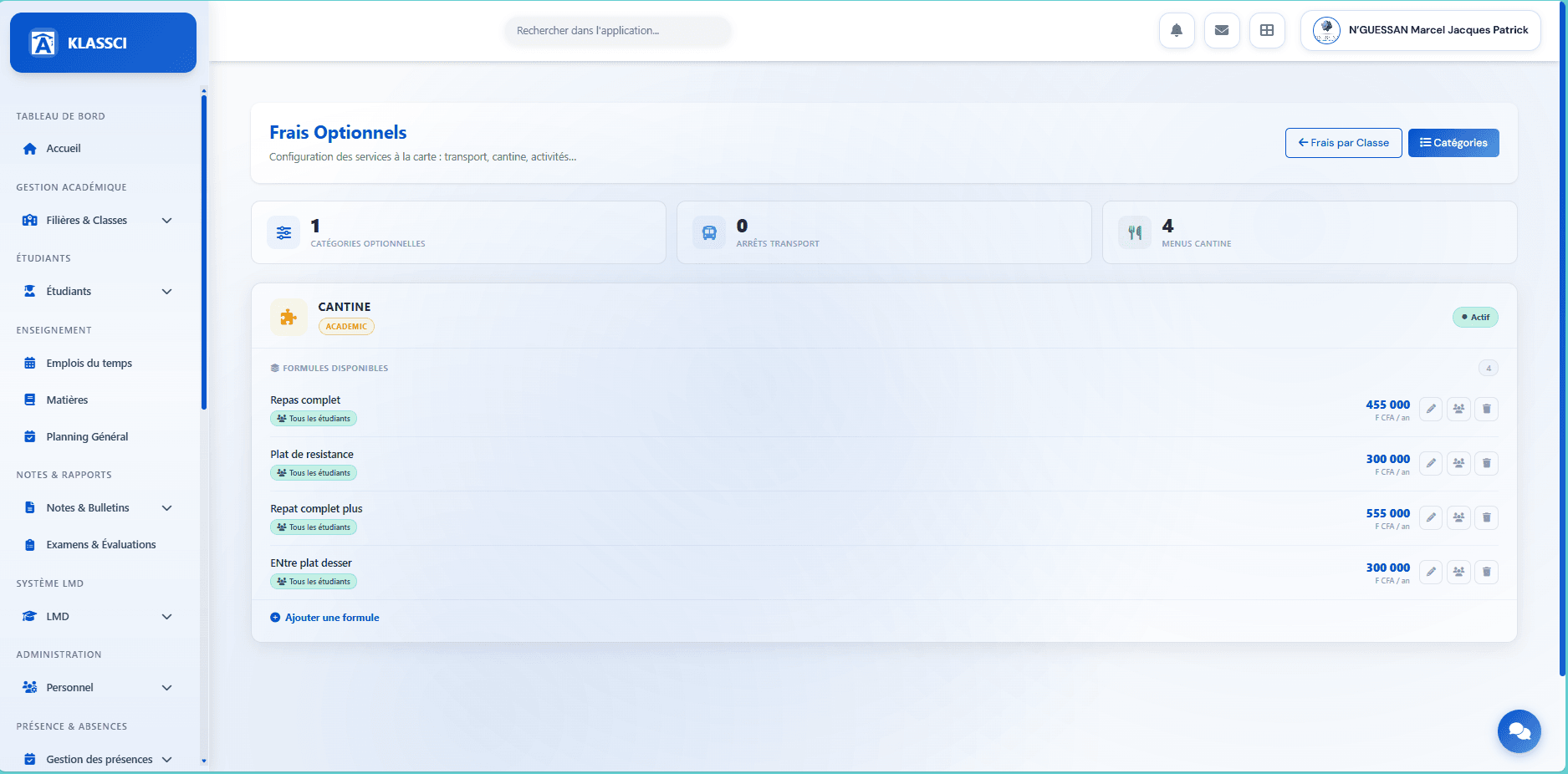 Page Frais Optionnels avec catégorie CANTINE et 4 formules : Repas complet 455 000, Plat de résistance 300 000, Repat complet plus 555 000, ENtre plat desser 300 000, plus bouton Ajouter une formule