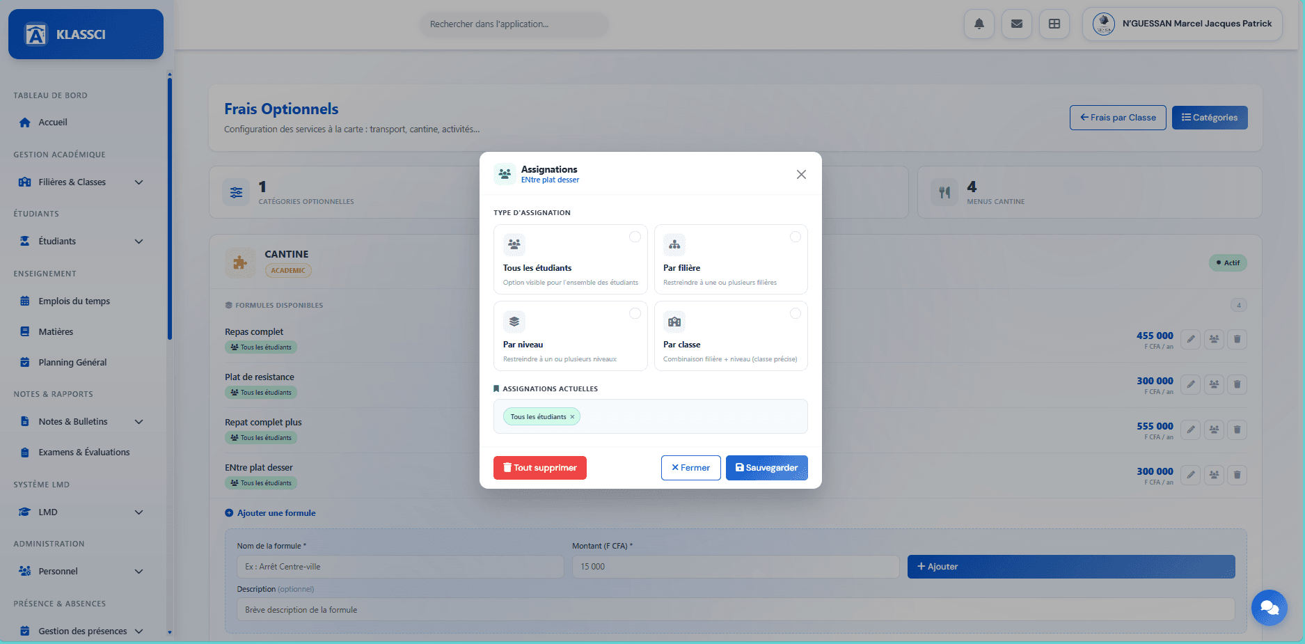 Modal Assignations avec quatre options de type d'assignation : Tous les étudiants sélectionné par défaut, Par filière, Par niveau, Par classe, et la zone Assignations actuelles
