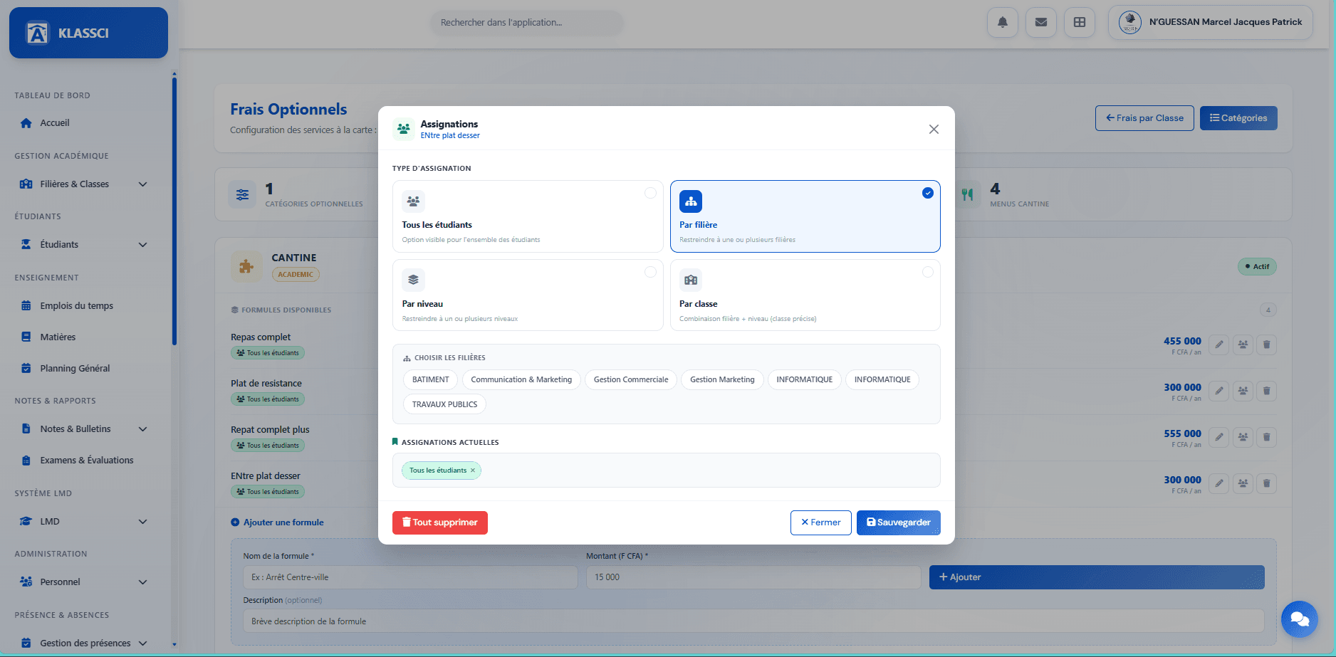 Modal avec Par filière sélectionné, faisant apparaître une zone Choisir les filières avec des chips pour chaque filière disponible