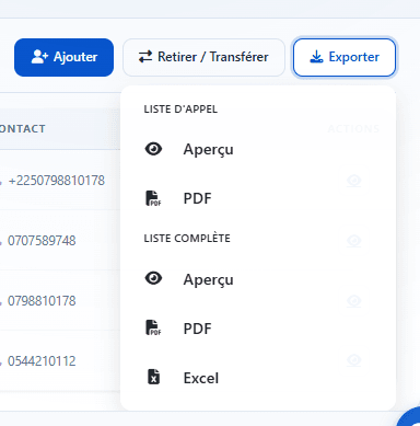 Export dropdown with Roll-call list and Full list