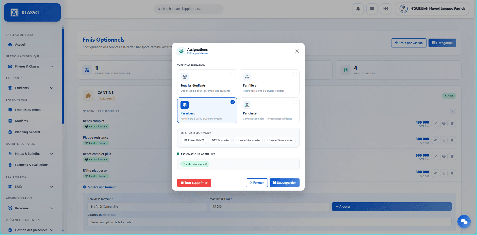 Modal avec Par niveau sélectionné et chips pour chaque niveau disponible