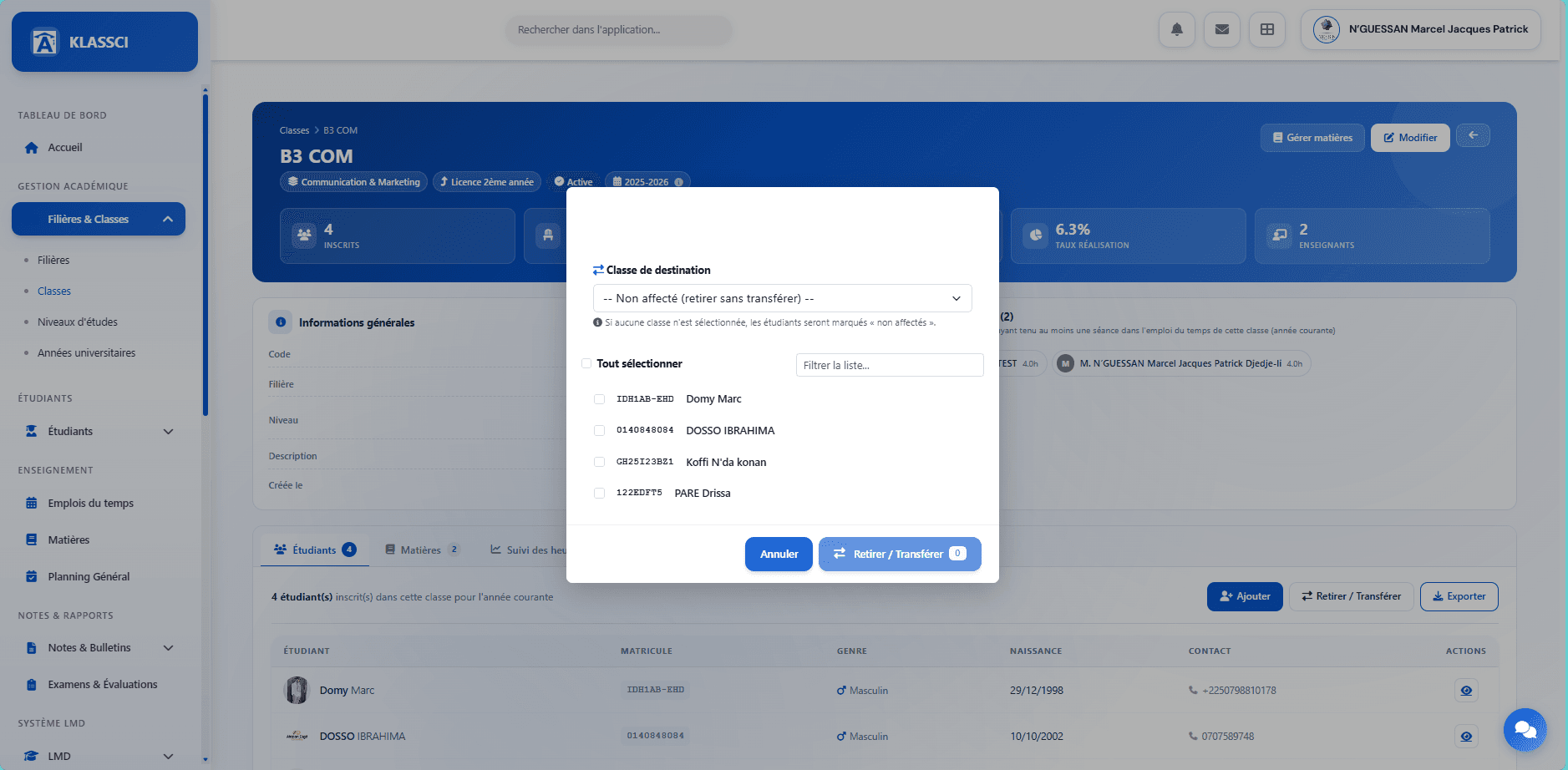 Remove/Transfer modal — Destination class defaults to « Unassigned »