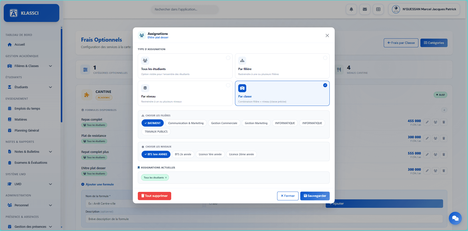 Modal avec Par classe sélectionné, chips pour les filières ET les niveaux à choisir, BATIMENT et BTS 1ere ANNEE en surbrillance