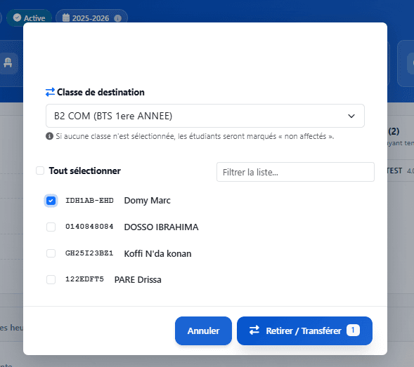 Modal filled — destination B2 COM with Domy Marc checked