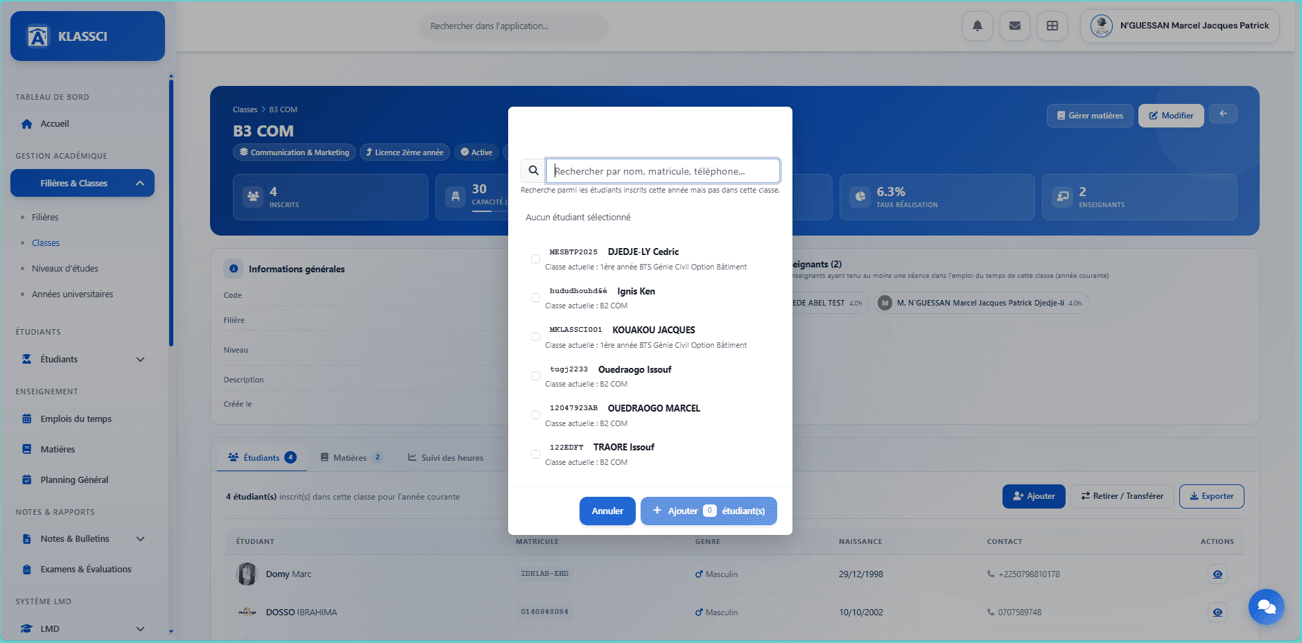 Add modal — search by name, matricule, phone