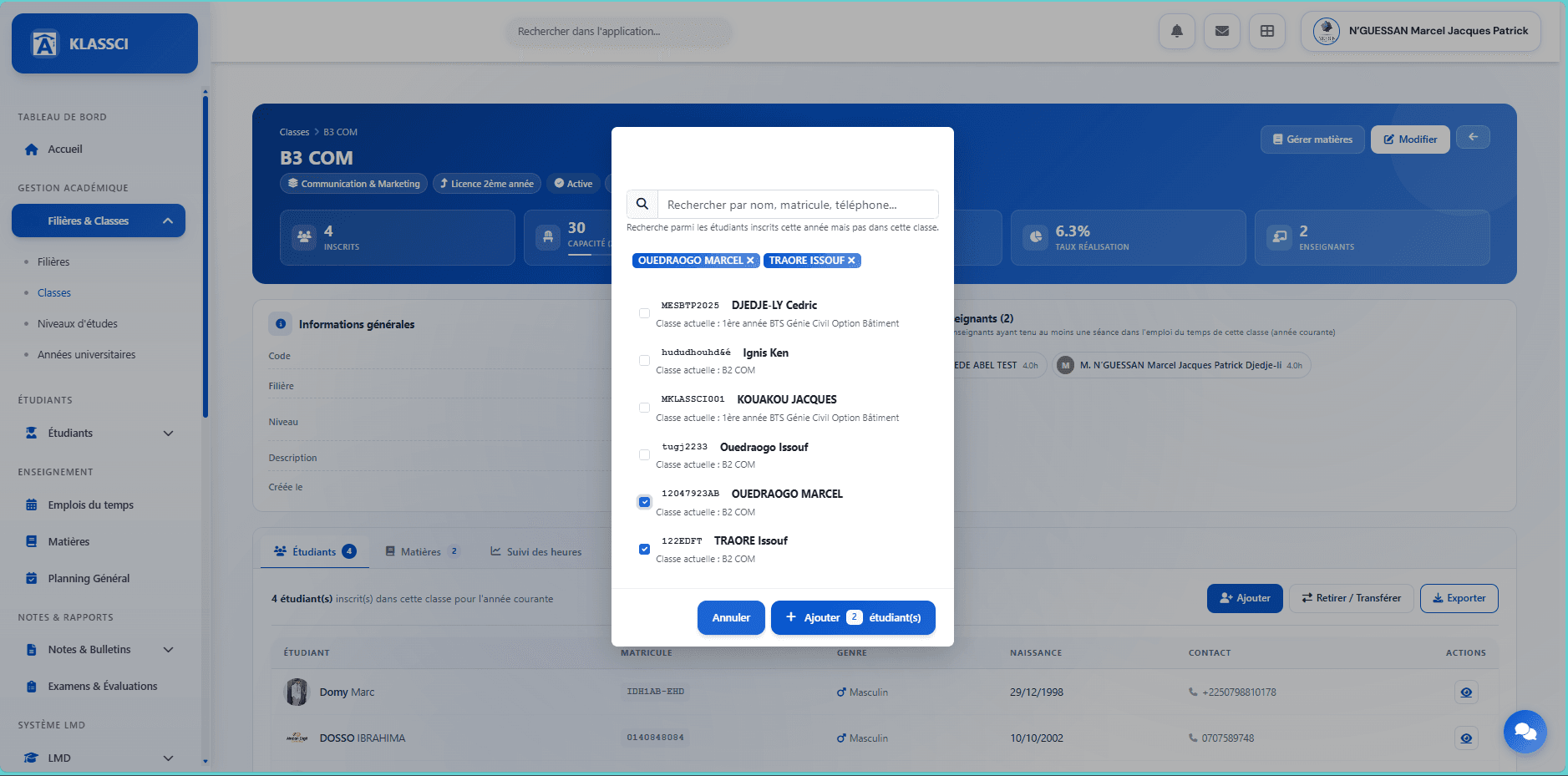 Add modal — 2 students checked (OUEDRAOGO MARCEL and TRAORE Issouf)