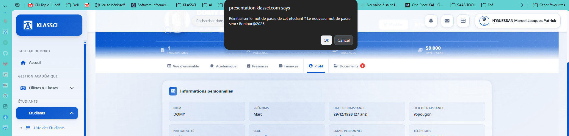 Confirmation dialog showing The new password will be Bonjour@2025