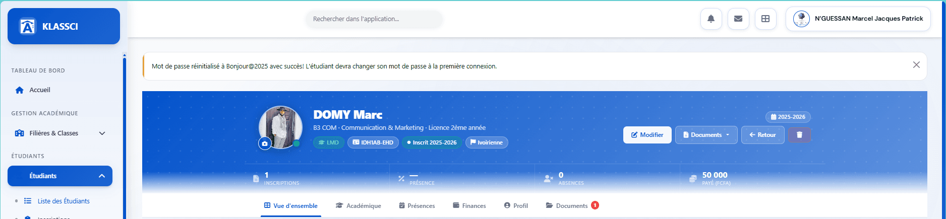 Toast Password reset to Bonjour@2025 successfully