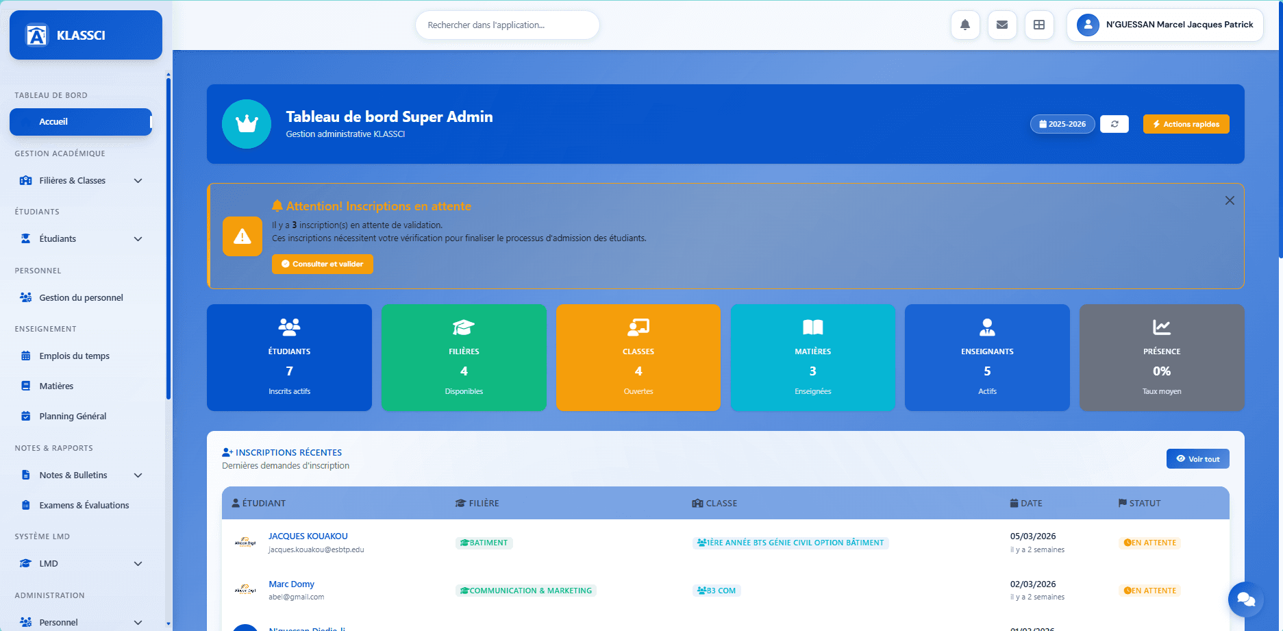 Tableau de bord KLASSCI