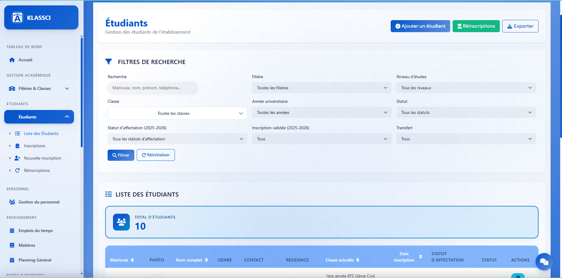 Page de gestion des étudiants KLASSCI