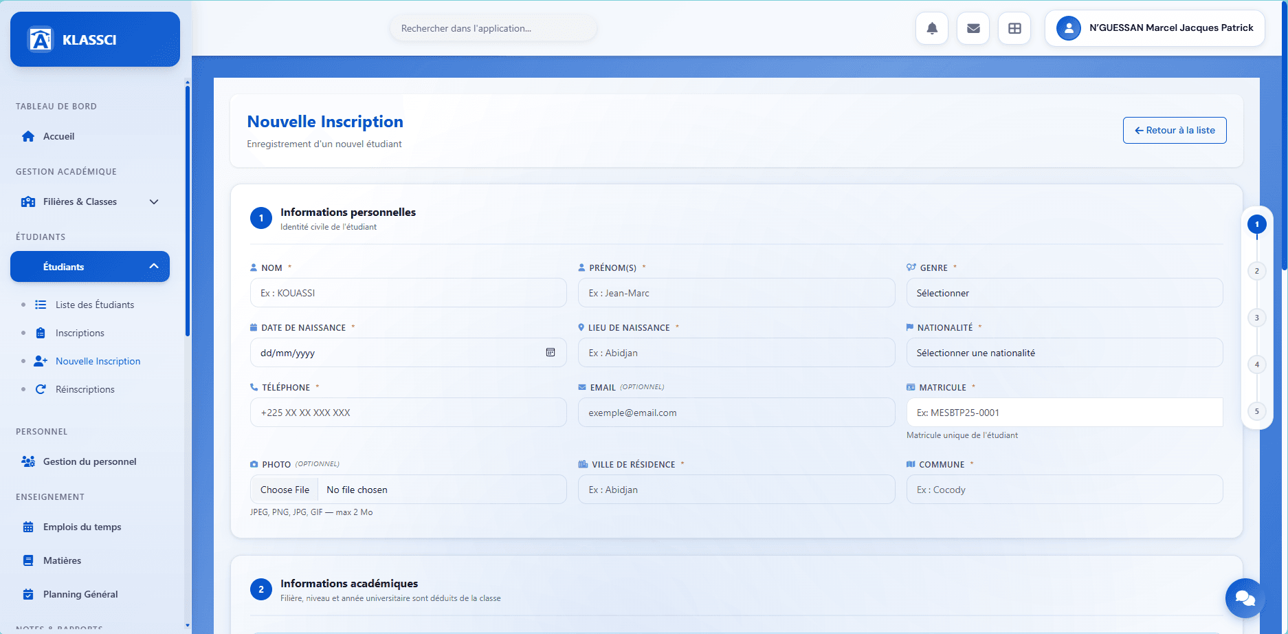 Formulaire de nouvelle inscription KLASSCI