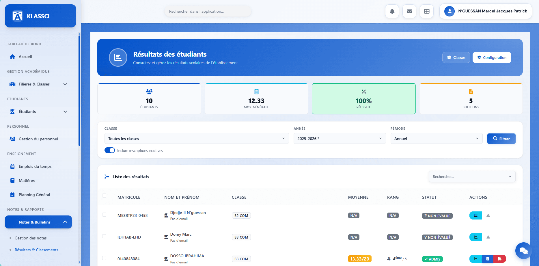 Résultats et bulletins KLASSCI