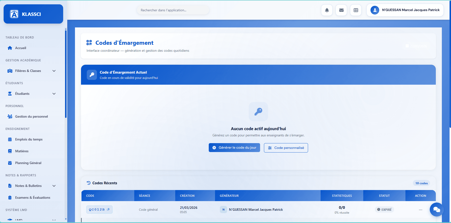 Code d'émargement KLASSCI