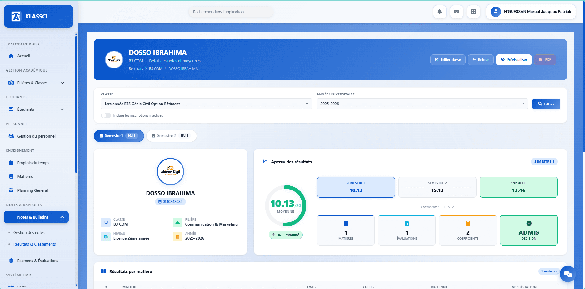 Saisie des notes et bulletins — fiche étudiant KLASSCI