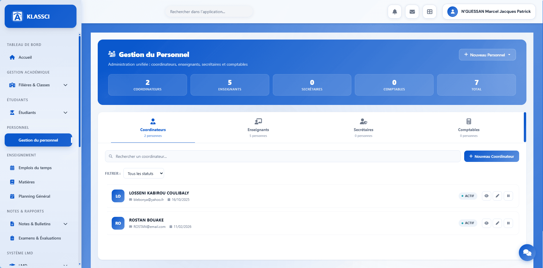 Gestion du personnel KLASSCI