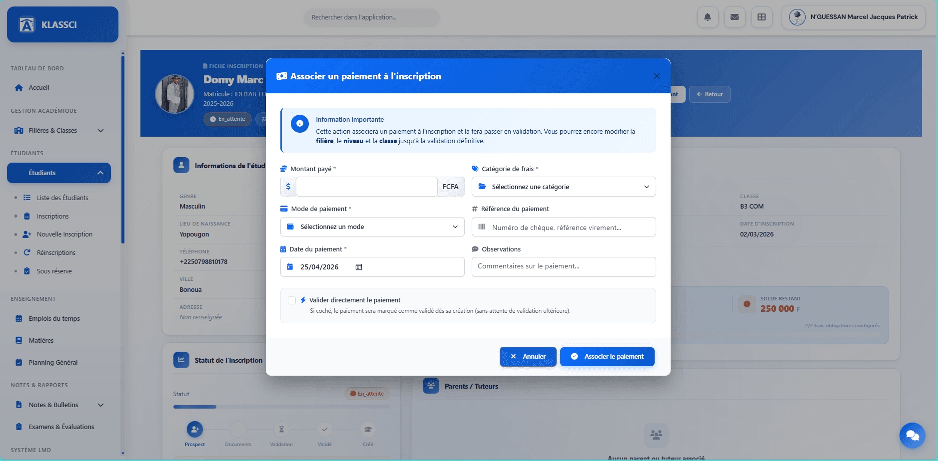 Associate a payment to the enrollment modal