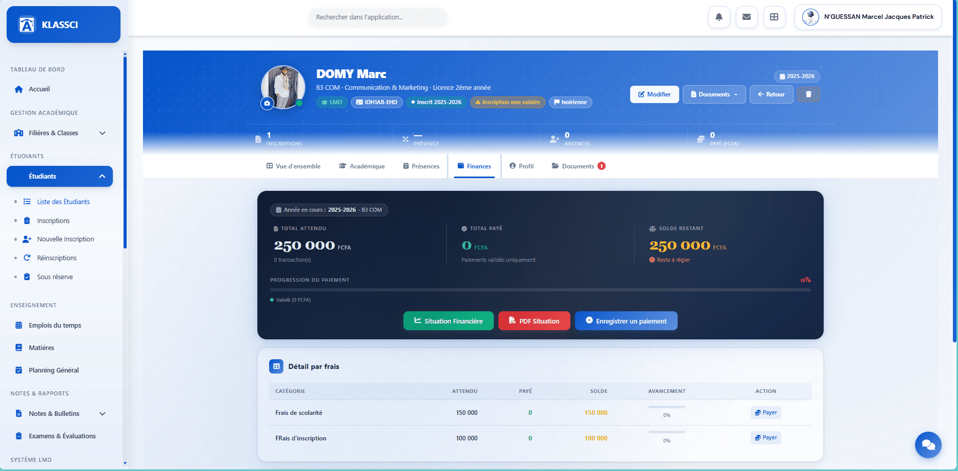 Finances tab with Total expected / Paid / Remaining and Pay buttons per row